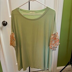 NWOT Light Green Women's Short Sleeve Top with Floral Ruffle Sleeves